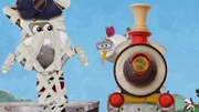 Salty ist mit seinem Servierwagen schneller als Jette mit ihrer Bahn. Leider kann Salty den Wagen nicht stoppen.