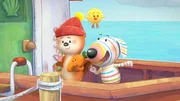 Hausverkäufer Dylan (rechts) präsentiert im Spiel seinem Kunden Ozzy (links) und dessen "Zwillingen" Karottchen und Bitsy die Aussicht der Immobilie. Hausverkäufer Dylan (rechts) präsentiert im Spiel seinem Kunden Ozzy (links) und dessen "Zwillingen" Karottchen und Bitsy die Aussicht der Immobilie.