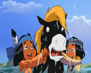 Yakari, Kleiner Donner und Regenbogen müssen durch die Wassermassen. Yakari, Kleiner Donner und Regenbogen müssen durch die Wassermassen.