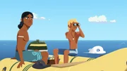 Auru (l.) und Yann (M.) halten zusammen mit Delfin Zoom Ausschau nach der Raumkapsel, die ins Meer gestürzt war. Sie wollen dem Raumfahrer Philippe helfen. Auru (l.) und Yann (M.) halten zusammen mit Delfin Zoom Ausschau nach der Raumkapsel, die ins Meer gestürzt war. Sie wollen dem Raumfahrer Philippe helfen.