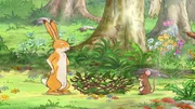 Der kleine braune Hase und die kleine Feldmaus bauen sich aus Zweigen ein Nest, um darin spielen zu k&ouml;nnen.