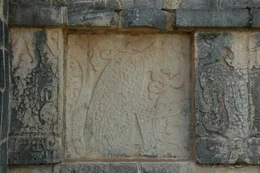 A jaguar and eagle on a Mayan temple in Mexico.