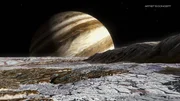 Dieses Bild ist eine von der NASA erstellte k&uuml;nstlerische Darstellung, die einen simulierten Blick von der Oberfl&auml;che des Europa, eines der Jupitermonde, zeigt