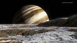 Dieses Bild ist eine von der NASA erstellte k&uuml;nstlerische Darstellung, die einen simulierten Blick von der Oberfl&auml;che des Europa, eines der Jupitermonde, zeigt
