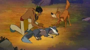 Fuchs Silberfell stellt sich tot vor Jäger Stolze Wolke und Hund Knickohr. Fuchs Silberfell stellt sich tot vor Jäger Stolze Wolke und Hund Knickohr.