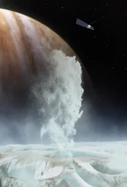 Dieses Bild ist eine k&uuml;nstlerische Darstellung einer Wasserdampfwolke, die aus der eisigen Oberfl&auml;che von Jupiters Mond Europa aufsteigt.