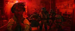 L-r, APRIL O&rsquo;NEIL, RAPHAEL, LEONARDO, DONATELLO, MICHELANGELO