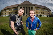 Wigald Boning (R) und Friedrich Meinecke posieren auf dem Set der neuen Serie "Wigald & Fritz - Die Geschichtsjaeger" des deutschen TV-Kanals HISTORY in Ballenstedt, Germany.