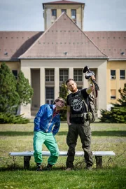 Wigald Boning and Friedrich Meinecke pose on the set of the new series "Wigald & Fritz - Die Geschichtsjaeger".