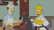 Während Milhouse eine Taktik sucht, wie er Lisa rumkriegen kann, sucht Homer (r.) nach einem Fauxpas Rat beim Küchenchef (l.) ... Während Milhouse eine Taktik sucht, wie er Lisa rumkriegen kann, sucht Homer (r.) nach einem Fauxpas Rat beim Küchenchef (l.) ...