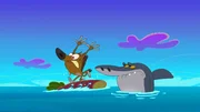 Nicht das Hy&auml;ne Zig (li.) zur Mahlzeit wird - Hai Sharko (re.) bekommt bei seinem Anblick gro&szlig;en Appetit.