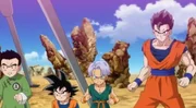 L-R: Krillin, Goten, Trunks und Gohan