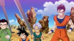 L-R: Krillin, Goten, Trunks und Gohan