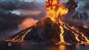 Ein gewaltiger Vulkanausbruch mit flie&szlig;ender Lava, die sich die H&auml;nge hinunter direkt ins Meer ergie&szlig;t.