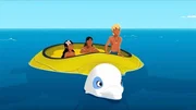 Timeti (l.), Auru (m.) und Yann (r.) machen, begleitet von Delfin Zoom, eine Probefahrt mit dem U-Boot von Onkel Patrick, um es zu testen. Bei seiner letzten Fahrt hatte das Boot seinen Kurs nicht gehalten. Timeti (l.), Auru (m.) und Yann (r.) machen, begleitet von Delfin Zoom, eine Probefahrt mit dem U-Boot von Onkel Patrick, um es zu testen. Bei seiner letzten Fahrt hatte das Boot seinen Kurs nicht gehalten.