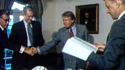 Afghanistankrise 1979, Verteidigungsminister Harold Brown, Au&szlig;enminister Cyrus Vance, Pr&auml;sident Jimmy Carter und Sicherheitsberater Zbigniew Brzeziński im Oval Office.