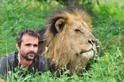 Kevin Richardson liegt mit L&ouml;we im Gras