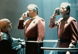 L-R: Kirk (William Shatner) , McCoy (DeForest Kelley)