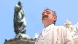 Nachgestellte Szene: Autor Marc Twain auf den Weg zur Audienz bei Kaiser Franz Joseph.