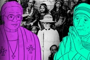Grafik von Desmond Tutu und Mutter Theresa vor Missionaren und Missionarinnen Grafik von Desmond Tutu und Mutter Theresa vor Missionaren und Missionarinnen