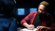 Cindy Kaza looks on as a sketch artist draws what she saw on her walk in Austin, IN as seen on Travel Channel's The Dead Files.