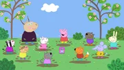 Die letzte Melodie erweckt in Peppa und den anderen schlie&szlig;lich den Wunsch, in Matschpf&uuml;tzen zu springen, und Madame Gazelle (l.) beschlie&szlig;t kurzerhand, die Musikstunde nach drau&szlig;en zu verlegen.