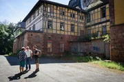 Wigald Boning, Klaus Lutterberg and Friedrich 'Fritz' Meinecke on the set during the shooting for the new local production 'Wigald & Fritz - Die Geschichtsjaeger' by the German TV channel HISTORY in Bad Berka, Germany.