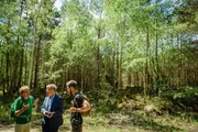 Wigald Boning, Christoph von Braun und Friedrich 'Fritz' Meinecke on the set during the shooting at the Schorfheide for the new local production 'Wigald & Fritz - Die Geschichtsjaeger' by the German TV channel HISTORY.