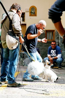 Haupttrainer Massimo Perla gibt Hund "Malocchio" Anweisungen.