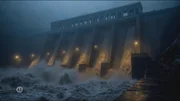 Ein riesiger Damm l&auml;sst nachts gewaltige Wassermassen ab, w&auml;hrend darunter Wellen tosen, beleuchtet von einer Reihe von Lichtern in nebliger Atmosph&auml;re.