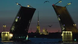 Die Palastbr&uuml;cke bei Nacht, im Hintergrund die Peter-und-Pauls-Festung.