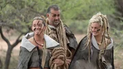 Lyndsey, Dani and Gary prepare for a challenge, while all are wearing pelts Lyndsey, Dani and Gary prepare for a challenge, while all are wearing pelts