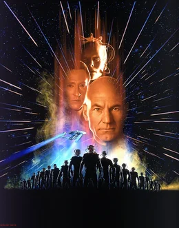 Plakatmotiv mit stilisierten Bildern Captain Picard (Patrick Stewart, r.), Lieutenant Commander Data (Brent Spiner, l.) und der Borg-K&ouml;nigin (Alice Krige, M.).
