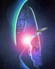 Plakatmotiv zum Film mit stilisierten Bildern von Captain Kirk (William Shatner, l.) und Captain Picard (Patrick Stewart, r.) im Weltraum.
