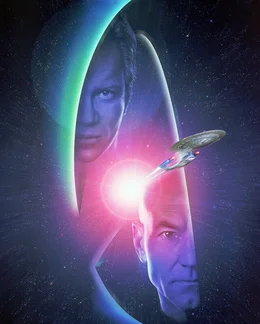 Plakatmotiv zum Film mit stilisierten Bildern von Captain Kirk (William Shatner, l.) und Captain Picard (Patrick Stewart, r.) im Weltraum.