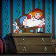 Alice und Benny Bunny wollen die Welt hinter dem Spiegel erforschen; sie klettern durch den Spiegel und sind zun&auml;chst verbl&uuml;fft.