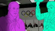 Grafik von Vladimir Putin und Wilma Rudolph vor einer Olympischen Pressekonferenz Grafik von Vladimir Putin und Wilma Rudolph vor einer Olympischen Pressekonferenz