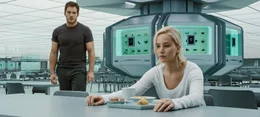 Jim Preston (Chris Pratt, l.); Aurora Lane (Jennifer Lawrence, r.)