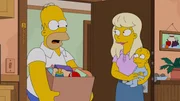 Homer (l.) bleibt mit einer hochschwangeren Frau (M.) im Aufzug stecken. Mit seiner Hilfe bekommt sie dort ihr Kind - und nennt es aus Dankbarkeit Homer Junior (r.). Homer entwickelt bald eine erstaunliche Zuneigung zu dem Kind ...
