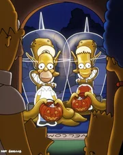 Um sich vor ihren Verfolgern zu verstecken, schl&uuml;pfen Homer (l.) und Bart (r.) in eine Fotopappwand.