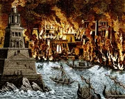 Die Zerst&ouml;rung der K&ouml;niglichen Bibliothek von Alexandria durch Feuer.