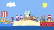 Heute verbringen Peppa und Schorsch (vo.li.) den Tag mit Oma Wutz und ihren Freundinnen, um Wikinger zu spielen. Sie nutzen Opa Wutz' Boot als Wikingerschiff und stechen in See. Die Wikinger haben viel Spa&szlig; auf dem Boot, bis sie bemerken, dass sie ihren Proviant vergessen haben. Auf der Suche nach Essen machen sie einen Landgang und treffen letzten Endes auf Frau M&uuml;mmels Imbissstand.