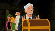 Herr von Zitter nimmt all seinen Mut zusammen, um die Kiste mit dem Vermächtnis seines Vorfahren zu öffnen. Herr von Zitter nimmt all seinen Mut zusammen, um die Kiste mit dem Vermächtnis seines Vorfahren zu öffnen.