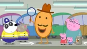 Papa Wutz (re.), Peppa (mi.) und Schorsch (2.v.re.) parken in einem riesigen Parkhaus, doch als sie vom Einkauf zurückkehren, können sie das Auto nicht mehr finden. Wachmeister Panda (li.) und Wachmeisterin Eichhorn (2.v.li.) helfen ihnen bei der Suche. Da taucht plötzlich Inspektor Kartoffel auf. Papa Wutz (re.), Peppa (mi.) und Schorsch (2.v.re.) parken in einem riesigen Parkhaus, doch als sie vom Einkauf zurückkehren, können sie das Auto nicht mehr finden. Wachmeister Panda (li.) und Wachmeisterin Eichhorn (2.v.li.) helfen ihnen bei der Suche. Da taucht plötzlich Inspektor Kartoffel auf.