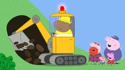 Oma Wutz (2.v.li.), Peppa (vo.re.) und Schorsch (vo.li.) tun heute so, als ob sie in der Steinzeit leben. Peppa und Schorsch schlie&szlig;en sich prompt an und wollen eine H&ouml;hle im Garten graben. Leider kommen sie mit ihren Steinzeit-Werkzeugen nicht sehr weit, doch Herr Bulle (li.) ist so freundlich und hilft ihnen mit seinem Bagger.