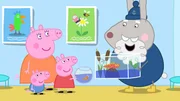 Peppa und ihre Familie bringen Goldie, den Fisch, f&uuml;r eine Untersuchung zu Doktor Hamster. Dort treffen sie auf Opi M&uuml;mmel (re.) und sein Haustier, einen Molch.