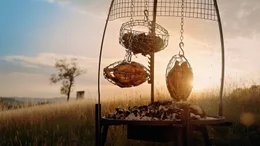Detailaufnahme von Hendl und Artischocken auf Asado-Grill von Jenny Gruber