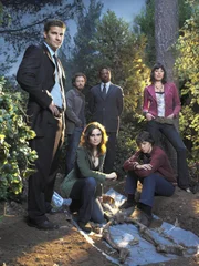 When law enforcement calls upon Dr. Temperance Brennan and her team of scientists to assist with murder investigations, she often finds herself teamed with Special Agent Seeley Booth, a former Army sniper whose mistrust of science and scientists leads them to clash both professionally and personally while solving the toughest cases in the new one-hour drama BONES. Pictured L-R: David Boreanaz, TJ Thyne, Emily Deschanel, Jonathan Adams, Eric Millegan, Michaela Conlin.
