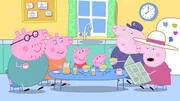 Oma und Opa Wutz (re.) besuchen Peppa (mi.) zu Hause. Oma Wutz liest in der Zeitung einen Artikel dar&uuml;ber, dass Kinder heutzutage nicht sehr freundlich sind; sie sprechen mit Peppa und Schorsch &uuml;ber Manieren.