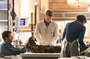 Hodgins (T.J. Thyne, l.), Wendell (Michael Grant Terry) und Cam (Tamara Taylor) versuchen herauszufinden, wie der Regisseur Ron Bergman ums Leben kam.